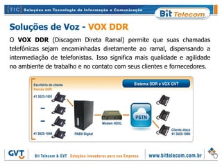 Soluções de Voz - VOX DDR
O VOX DDR (Discagem Direta Ramal) permite que suas chamadas
telefônicas sejam encaminhadas diretamente ao ramal, dispensando a
intermediação de telefonistas. Isso significa mais qualidade e agilidade
no ambiente de trabalho e no contato com seus clientes e fornecedores.
 