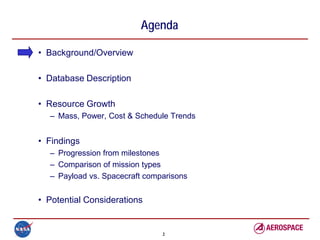 Agenda

• Background/Overview

• Database Description

• Resource Growth
  – Mass, Power, Cost & Schedule Trends


• Findings
  – Progression from milestones
  – Comparison of mission types
  – Payload vs. Spacecraft comparisons


• Potential Considerations


                               2
 