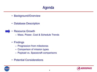 Agenda

• Background/Overview

• Database Description

• Resource Growth
  – Mass, Power, Cost & Schedule Trends


• Findings
  – Progression from milestones
  – Comparison of mission types
  – Payload vs. Spacecraft comparisons


• Potential Considerations


                               8
 