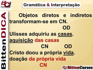 Objetos diretos e indiretos 
transformam-se em CN. 
OD 
Ulisses adquiriu as casas. 
aquisição das casas 
CN OD 
Cristo doou a própria vida. 
doação da própria vida 
CN 
 