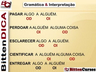 PAGAR ALGO A ALGUÉM. 
OD OI 
PERDOAR AALGUÉM ALGUMA COISA 
OI OD 
ESCLARECER ALGO A ALGUÉM. 
OD OI 
CIENTIFICAR A ALGUÉM ALGUMA COISA. 
OI OD 
ENTREGAR ALGO A ALGUÉM. 
OD OI 
 