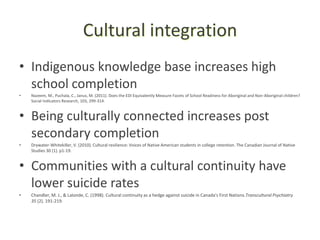 Cultural integration
• Indigenous knowledge base increases high
  school completion
•   Nazeem, M., Puchala, C., Janus, M. (2011). Does the EDI Equivalently Measure Facets of School Readiness for Aboriginal and Non-Aboriginal children?
    Social Indicators Research, 103, 299-314.



• Being culturally connected increases post
  secondary completion
•   Drywater-Whitekiller, V. (2010). Cultural resilience: Voices of Native American students in college retention. The Canadian Journal of Native
    Studies 30 (1). p1-19.


• Communities with a cultural continuity have
  lower suicide rates
•   Chandler, M. J., & Lalonde, C. (1998). Cultural continuity as a hedge against suicide in Canada's First Nations.Transcultural Psychiatry
    35 (2). 191-219.
 