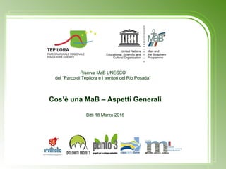 Cos’è una MaB – Aspetti Generali
Bitti 18 Marzo 2016
Riserva MaB UNESCO
del “Parco di Tepilora e i territori del Rio Posada”
 