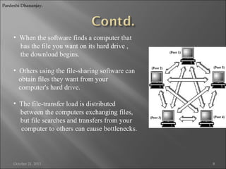 Pardeshi Dhananjay.

• When the software finds a computer that
has the file you want on its hard drive ,
the download begins.
• Others using the file-sharing software can
obtain files they want from your
computer's hard drive.
• The file-transfer load is distributed
between the computers exchanging files,
but file searches and transfers from your
computer to others can cause bottlenecks.

October 21, 2013

8

 