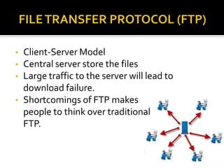 •
•
•
•

Client-Server Model
Central server store the files
Large traffic to the server will lead to
download failure.
Shortcomings of FTP makes
people to think over traditional
FTP.

 