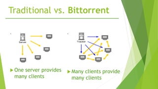 Traditional vs. Bittorrent
.
 One server provides
many clients
.
 Many clients provide
many clients
 