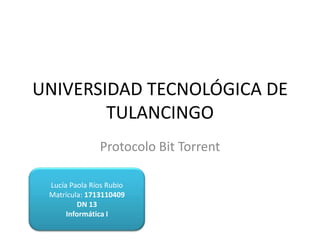 UNIVERSIDAD TECNOLÓGICA DE
TULANCINGO
Protocolo Bit Torrent
Lucía Paola Ríos Rubio
Matrícula: 1713110409
DN 13
Informática I
 