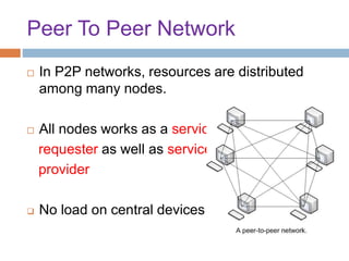 Peer To Peer Network
 In P2P networks, resources are distributed
among many nodes.
 All nodes works as a service
requester as well as service
provider
 No load on central devices
 