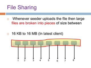 File Sharing
 Whenever seeder uploads the file then large
files are broken into pieces of size between
 16 KB to 16 MB (In latest client)
1 2 3 4 5 6 7 8
 