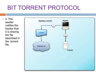 BIT TORRENT PROTOCOL
 2. The
seeder
notifies the
tracker that
it is sharing
the file
described in
the .torrent
file.
 