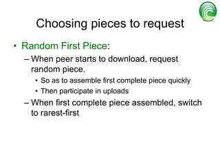 A *.torrent guides users to owners of a fileUser obtains *.torrent file. File contains meta info about a target file.  1Armed with a list of peers holding pieces of the file, user downloads from many peers4User loads *.torrent file into BitTorrent client, which then looks up the named client23Tracker coordinates peers.