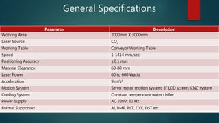 General Specifications
Parameter Description
Working Area 2000mm X 3000mm
Laser Source CO2
Working Table Conveyor Working Table
Speed 1-1414 mm/sec
Positioning Accuracy ±0.1 mm
Material Clearance 60-80 mm
Laser Power 60 to 600 Watts
Acceleration 9 m/s²
Motion System Servo motor motion system; 5” LCD screen; CNC system
Cooling System Constant temperature water chiller
Power Supply AC 220V; 60 Hz
Format Supported AI, BMP, PLT, DXF, DST etc.
 