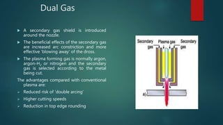 Dual Gas
 A secondary gas shield is introduced
around the nozzle.
 The beneficial effects of the secondary gas
are increased arc constriction and more
effective 'blowing away' of the dross.
 The plasma forming gas is normally argon,
argon-H2 or nitrogen and the secondary
gas is selected according to the metal
being cut.
The advantages compared with conventional
plasma are:
 Reduced risk of 'double arcing‘
 Higher cutting speeds
 Reduction in top edge rounding
 
