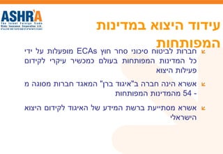 ‫במדינות‬ ‫היצוא‬ ‫עידוד‬
‫המפותחות‬‫חברות‬‫לביטוח‬‫סיכוני‬‫סחר‬‫חוץ‬ECAs‫מופעלות‬‫על‬‫ידי‬
‫כל‬‫המדינות‬‫המפותחות‬‫בעולם‬‫כמכשיר‬‫עיקרי‬‫לקידום‬
‫פעילות‬‫היצוא‬
‫אשרא‬‫הינה‬‫חברה‬‫ב‬"‫איגוד‬‫ברן‬"‫המאגד‬‫חברות‬‫מסוגה‬‫מ‬
-54‫מהמדינות‬‫המפותחות‬
‫אשרא‬‫מסתייעת‬‫ברשת‬‫המידע‬‫של‬‫האיגוד‬‫לקידום‬‫היצוא‬
‫הישראלי‬
 