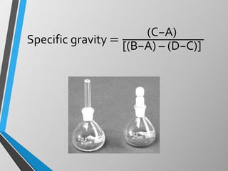 Specific gravity =
(C−A)
[(B−A) – (D−C)]
 
