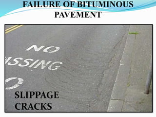 FAILURE OF BITUMINOUS
PAVEMENT
SLIPPAGE
CRACKS
 