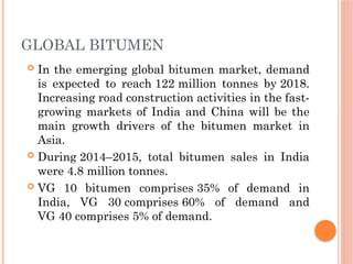 GLOBAL BITUMEN
 In the emerging global bitumen market, demand
is expected to reach 122 million tonnes by 2018.
Increasing road construction activities in the fast-
growing markets of India and China will be the
main growth drivers of the bitumen market in
Asia.
 During 2014–2015, total bitumen sales in India
were 4.8 million tonnes.
 VG 10 bitumen comprises 35% of demand in
India, VG 30 comprises 60% of demand and
VG 40 comprises 5% of demand.
 