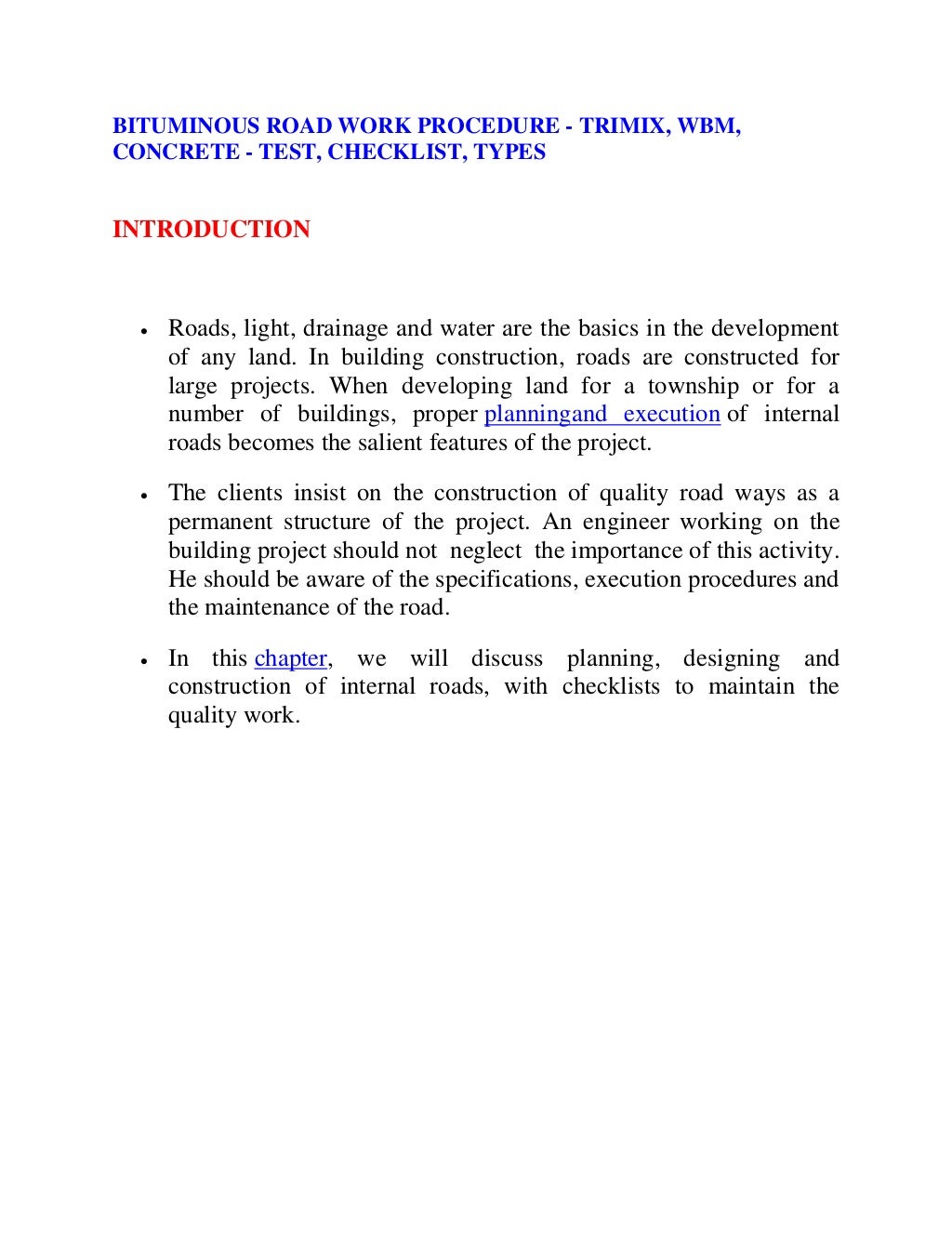 Bituminous road work procedure trimix, wbm, concrete test, checklist