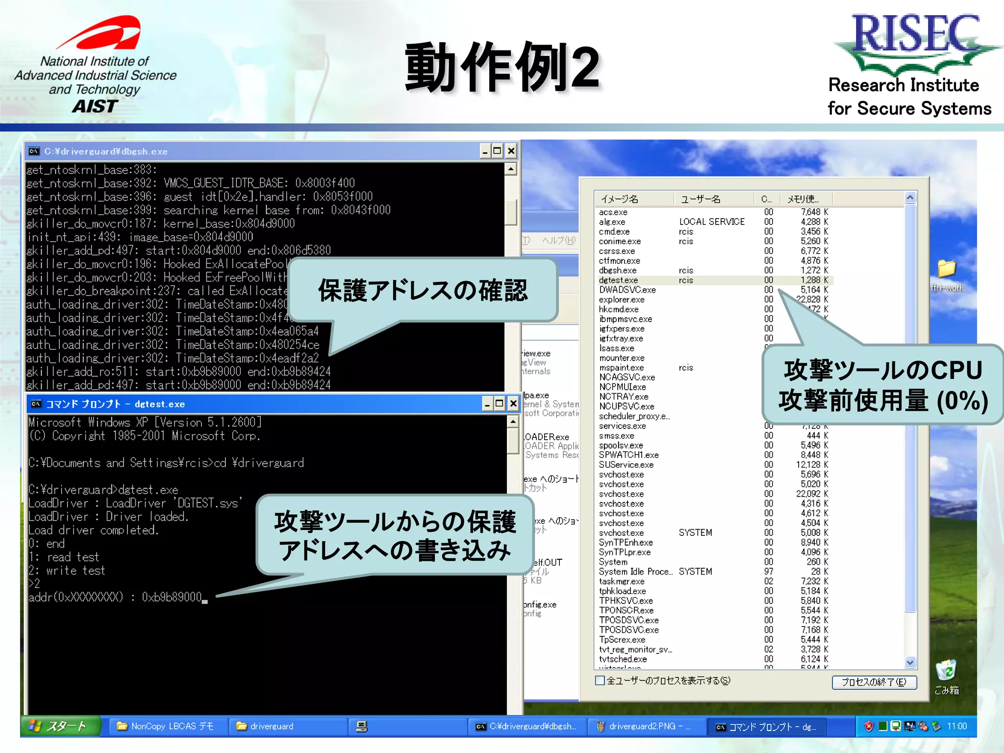 動作例2      Research Institute
               for Secure Systems




 保護アドレスの確認


             攻撃ツールのCPU
             攻撃前使用量 (0%)



攻撃ツールからの保護
アドレスへの書き込み
 