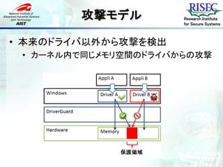 攻撃モデル         Research Institute
                      for Secure Systems



• 本来のドライバ以外から攻撃を検出
 • カーネル内で同じメモリ空間のドライバからの攻撃
 