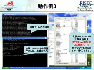 動作例3        Research Institute
                 for Secure Systems




 保護アドレスの確認



             攻撃ツールのCPU
               攻撃後使用量
             (98%)Low IRQLに
               よる無限ループ
攻撃ツールからの保護   他のアプリも使えま
アドレスへの書き込み   すが、遅くなります。
 