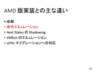 AMD 版実装との主な違い
• 全部
• 命令エミュレーション
• Host States の Shadowing
• VMExit のエミュレーション
• vCPU マイグレーションへの対応
15
 