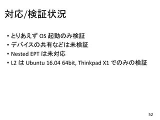 対応/検証状況
52
• とりあえず OS 起動のみ検証
• デバイスの共有などは未検証
• Nested EPT は未対応
• L2 は Ubuntu 16.04 64bit, Thinkpad X1 でのみの検証
 