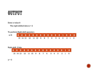 Enter x value 8
The right shifted data is = 2
To perform Right shift operator:-
x=8
15 14 13 12 11 10 9 8 7 6 5 4 3 2 1 0
Right shift 2 bits
15 14 13 12 11 10 9 8 7 6 5 4 3 2 1 0
15 14 13 12 11 10 9 8 7 6 5 4 3 2 1 0
y = 2
0 0 0 0 0 0 0 0 0 0 0 0 1 0 0 0
0 0 0 0 0 0 0 0 0 0 0 0 0 0 1 0
 