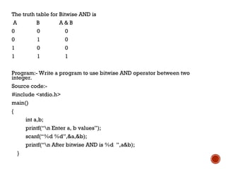 The truth table for Bitwise AND is
A B A & B
0 0 0
0 1 0
1 0 0
1 1 1
Program:- Write a program to use bitwise AND operator between two
integer.
Source code:-
#include <stdio.h>
main()
{
int a,b;
printf(“n Enter a, b values”);
scanf(“%d %d”,&a,&b);
printf(“n After bitwise AND is %d ”,a&b);
}
 