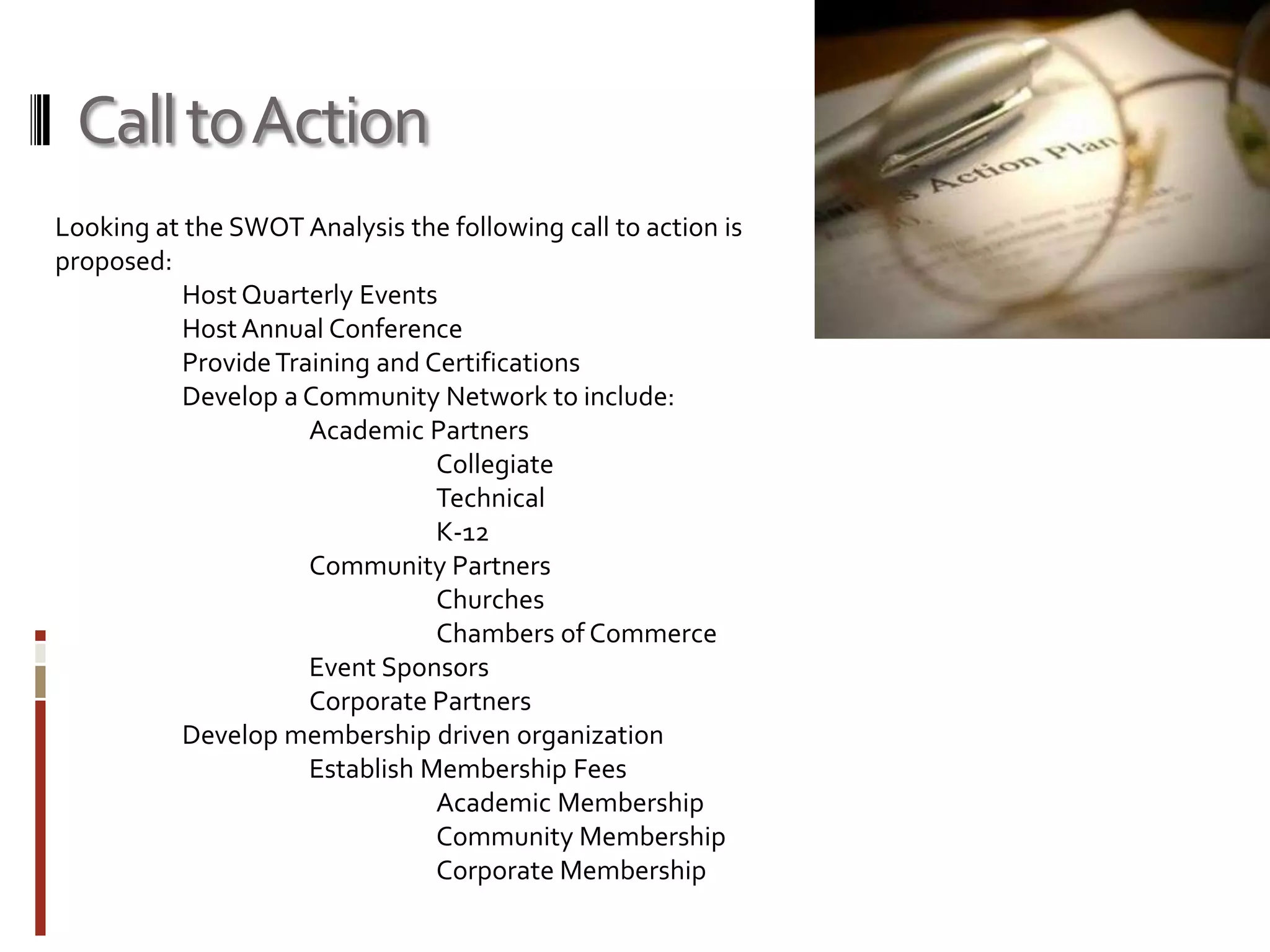 BiTWiSE SWOT AnalysisPassion for support and development (pipeline)Stimulate passion for technologyIncrease knowledge of current technologyAccess to Industry Leaders (MS)Board has experience in Focus Areas-Terminology is dated, narrowly defined No connection with current trends (75% Arts in Tech) or pop culture @ Microsoft-Lack of cultural support for technology-Decline in youth tech education -No multimedia platform to engage-Lack of AfrAmer in Techn./STEM Academia-Lack of Access / Digital DivideStrengthsWeaknessesRe-message careers in “High Tech” and “IT” Link Creative w/ Hi Tech. Engagement of ParentsEducate on terminology/vocabularyClose the gap of access to technology (socio-economic status)Increase the critical mass in tech industryRevenue generating activitiesMonetized focus groups for Tech (facilitate)Increased access to tech resources (open-source, etc.)Supplier Diversity (Expand number of Blacks)Policy Legislature – Advocacy (1-2yrs.)OpportunitiesBlacks are being left out of the big pictureRisk of becoming Designated Serfs (slaves) --> Social Civil Rights issueAccess to High Tech JobsThreats