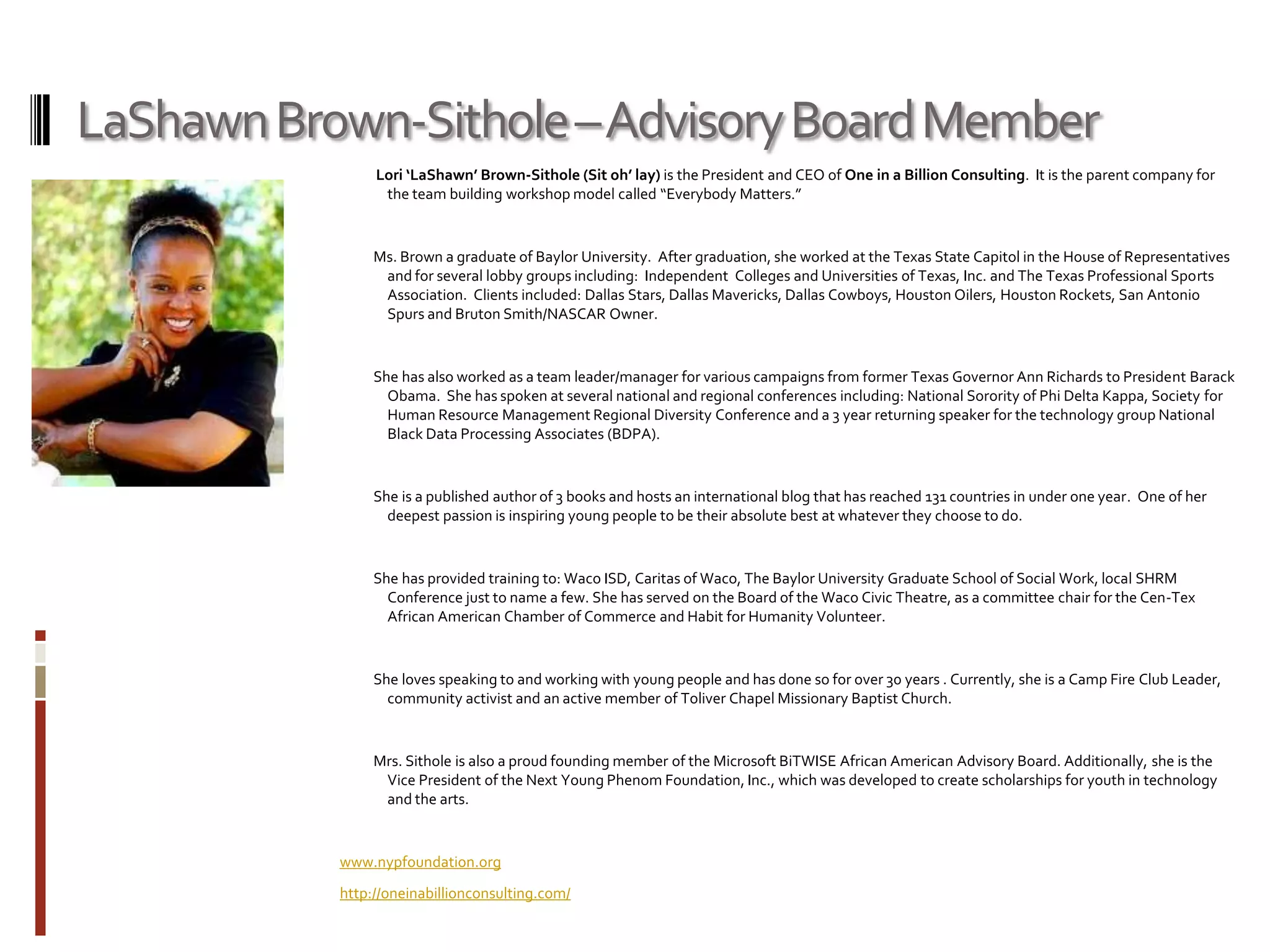Kevin Williams – Advisory Board Member         I am the President and CEO of Circadian Solutions Group, Inc.         In 2003 I started a company that creates business solutions for small to medium businesses. Builds customized servers, workstations and laptops. Writes custom software solutions. Repairs and upgrades computers. Consults individuals and small businesses on the purchasing and setup for their IT needs.          Prior to that I worked as an IT Manager for College Crib a college greek store in Nashville,TN Prior to that I worked as a Quality Assurance Supervisor for Dell Computer Corporation in TX and TN.         I studied Computer Science at Austin Community College Austin, TX          I am a CompTIA certified A+ Technician, CompTIA certified Network+ Technician and a         VMware Certified Professional.         I am vastly knowledged in the Basics of Supply Chain Management, Global Diversity Training, Dell Process Improvement - Yellow Belt training (Six Sigma), Dell Process Improvement - Green Belt training (Six Sigma), 5S Training, Visual Basic 6,Visual Interdev, HTML, Javascript, Microsoft Office, Kronos         I am a member of the ASQ (American Society of Quality), APICS (The Educational Society of Resource Management),Intel Channel Partner, Western Digital Select Partner, Seagate and Maxtor Channel Partner, VMware Channel Partner, Cisco Channel Partner, CompTIA member,         I am a Registered iPhone Developer, Registered Motorola Developer, Registered Samsung Developer, Registered LG Developer, Registered Blackberry Developer, Registered Nokia Developer, Intuit Developer Network, Registered Sun Developer, Registered Appcelarator Developer