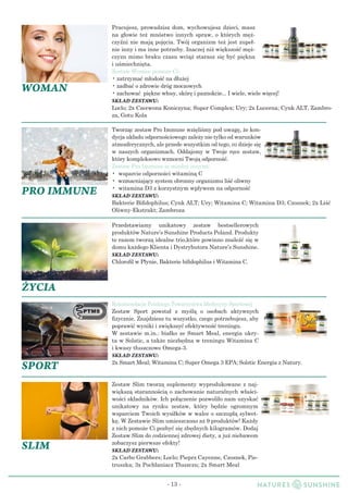 - 13 -
Pracujesz, prowadzisz dom, wychowujesz dzieci, masz
na głowie też mnóstwo innych spraw, o których męż-
czyźni nie mają pojęcia. Twój organizm też jest zupeł-
nie inny i ma inne potrzeby. Inaczej niż większość męż-
czyzn mimo braku czasu wciąż starasz się być piękna
i uśmiechnięta.
Zestaw Woman pomoże Ci:
• zatrzymać młodość na dłużej
• zadbać o zdrowie dróg moczowych
• zachować piękne włosy, skórę i paz­nokcie... I wiele, wiele więcej!
SKŁAD ZESTAWU:
Loclo; 2x Czerwona Koniczyna; Super Complex; Ury; 2x Lucerna; Cynk ALT, Zambro-
za, Gotu Kola
WOMAN
PRO IMMUNE
SPORT
ŻYCIA
SLIM
Tworząc zestaw Pro Immune wzięliśmy pod uwagę, że kon-
dycja układu odpornościowego zależy nie tylko od warunków
atmosferycznych, ale przede wszystkim od tego, co dzieje się
w naszych organizmach. Oddajemy w Twoje ręce zestaw,
który kompleksowo wzmocni Twoją odporność.
Zestaw Pro Immune to między innymi:
• wsparcie odporności witaminą C
• wzmacniający system obronnyorganizmu liść oliwny
• witamina D3 z korzystnym wpły­wem na odporność
SKŁAD ZESTAWU:
Bakterie Bifidophilus; Cynk ALT; Ury; W­itamina C; Witamina D3; Czosnek; 2x Liść
Oliwny-Ekstrakt; Zambroza
Rekomendacja Polskiego Towarzystwa Medycyny Sportowej
Zestaw Sport powstał z myślą o  osobach aktywnych
fizycznie. Znajdziesz tu wszystko, czego potrzebujesz, aby
poprawić wyniki i zwiększyć efektywność treningu.
W zestawie m.in.: białko ze Smart Meal, energia ukry-
ta w Solstic, a także niezbędna w treningu Witamina C
i kwasy tłuszczowe Omega-3.
SKŁAD ZESTAWU:
2x Smart Meal; Witamina C; Super Omega 3 EPA; Solstic Energia z Natury.
Przedstawiamy unikatowy zestaw bestsellerowych
produktów Nature’s Sunshine Products Poland. Produkty
te razem tworzą idealne trio,które powinno znaleźć się w
domu każdego Klienta i Dystrybutora Nature’s Sunshine.
SKŁAD ZESTAWU:
Chlorofil w Płynie, Bakterie bifidophilus i Witamina C.
Zestaw Slim tworzą suplementy wyprodukowane z naj-
większą starannością o zachowanie naturalnych właści-
wości składników. Ich połączenie pozwoliło nam uzyskać
unikatowy na rynku zestaw, który będzie ogromnym
wsparciem Twoich wysiłków w walce o szczupłą sylwet-
kę. W Zestawie Slim umieszczono aż 9 produktów! Każdy
z nich pomoże Ci pozbyć się zbędnych kilogramów. Dodaj
Zestaw Slim do codziennej zdrowej diety,a już niebawem
zobaczysz pierwsze efekty!
SKŁAD ZESTAWU:
2x Carbo Grabbers; Loclo; Pieprz Cayenne, Czosnek, Pie-
truszka; 3x Pochłaniacz Tłuszczu; 2x Smart Meal
 