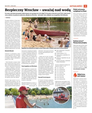 NR 27 (237) – LIPIEC 2025
3
AKTUALNOŚCI
Czy wiesz, jak skutecznie pomóc osobie tonącej, nie narażając przy tym siebie? A słyszałeś o łańcuchu życia? Tych i wielu innych
rzeczy dowiesz się podczas wydarzenia „Bezpieczny Wrocław – nad wodą”, które odbędzie się na kąpielisku Park Glinianki.
I Redakcja
Na piknik rodzinny 20 lipca przy-
gotowano liczne atrakcje m.in.:
pokazy ratownicze, prezenta-
cje sprzętu i służb ratunkowych,
strefy edukacyjne i instruktaże
pierwszej pomocy, konkursy, ani-
macje i atrakcje dla całych rodzin.
Na miejscu spotkać będzie można
również ekspertów programu Bez-
pieczny Wrocław, którzy odpowie-
dzą na pytania związane z bezpie-
czeństwem podczas wakacyjnego
wypoczynku. Wydarzenie będzie
odbywało się w godz. 11-16. Co
ważne, tego dnia posiadacze kar-
ty Nasz Wrocław i Nasz Wrocław
Max wejdą na kąpielisko za dar-
mo. Wrocław, poprzez edukacyjne
działania i poprawę infrastruktury
kąpielisk, aktywnie działa na rzecz
poprawy bezpieczeństwa nad wodą.
Odwiedź Glinianki
Położone w zachodniej części
miasta kąpielisko Park Glinianki
przeżywa drugą młodość. Tylko
w ubiegłym sezonie odwiedziło je
ponad 25 tys. osób.
– Park Glinianki to miejsce, które
łączy wspomnienia wielu wrocła-
wian z nowoczesnym podejściem do
rekreacji. Zapraszamy wszystkich
– można tu popływać, skorzystać
z największego wodnego toru prze-
szkód we Wrocławiu, wypożyczyć
kajaki, SUP-y czy rowery wodne,
a także zrelaksować się z wędką nad
łowiskiem, które objęte jest patrona-
tem Stawów Milickich – mówi Ma-
rek Łapiński, prezes WCT Spartan.
Nowości tego sezonu to m.in.:
wypożyczalnia kajaków, SUP-ów
i rowerów wodnych, pływający tor
przeszkód dla dzieci i dorosłych. Na
plaży wysypanej świeżym piaskiem
skorzystamy z bezpłatnych leżaków,
a rzeczy zostawimy bezpiecznie
w szafkach. Kąpielisko Glinianki to
miejsce otwarte również dla czwo-
ronogów. Miłośnicy wędkowania
także znajdą tu coś dla siebie – od
kwietnia do października działa tu
łowisko rekreacyjne. Nie jest wy-
magana karta PZW – wystarczy bi-
let jednorazowy lub sezonowy.
Sezon kąpielowy we Wrocławiu
Sezon kąpielowy w naszym mie-
ście ruszył z początkiem czerwca.
Na mieszkańców czekają cztery
kąpieliska i jedna plaża miejska:
Morskie Oko, Harcerska (w chwili
obecnej obowiązuje zakaz kąpieli
ze względu na jakość wody), Kró-
lewiecka i Park Glinianki oraz pla-
ża przy ul. Jeziorowej.
Wszystkie lokalizacje są czynne co-
dziennie w godz. 9–19, a w week-
endy do godz. 20
(Glinianki). Nad bezpieczeństwem
czuwają wykwalifikowani ratow-
nicy wodni.
– Zależy nam na tym, by kąpie-
liska były nie tylko bezpieczne
i dobrze zorganizowane, ale także
naprawdę atrakcyjne. Dlatego in-
westujemy w infrastrukturę – mo-
dernizujemy obiekty, poprawiamy
ich dostępność i komfort – ale to
nie wszystko. Równolegle tworzy-
my programy rekreacyjne i sporto-
we, które zachęcają mieszkańców,
zwłaszcza dzieci i młodzież, do ak-
tywnego spędzania czasu – mówi
Łukasz Wójcik, dyrektor Młodzie-
żowego Centrum Sportu.
Sprawdź harmonogram
W ramach letniego programu,
przygotowanego przez MCS Wro-
cław, mieszkańcy i turyści mogą
także liczyć na cykl wydarzeń
sportowo-rozrywkowych:
◼ tańce integracyjne i ćwiczenia
przy muzyce
◼ muzyka plażowa i DJ-e
◼ miniturnieje w siatkówkę i ko-
szykówkę
◼ konkursy z nagrodami (np. gra
Cornhole)
◼ animacje dla dzieci, malowanie
twarzy, dmuchańce.
Terminy wydarzeń (atrakcje do-
datkowe w godz. 10–17):
◼ 19.07: Harcerska
◼ 20.07: Królewiecka
◼ 26.07: Morskie Oko
◼ 27.07: Jeziorowa
◼ 12.08: Morskie Oko
◼ 13.08: Harcerska
◼ 26.08: Harcerska
◼ 27.08: Morskie Oko.
Organizatorzy zastrzegają możli-
wość zmian ze względu na pogodę
czy sytuację sanitarną (szczególnie
na kąpielisku Harcerska).
Bezpieczny Wrocław – uważaj nad wodą
TOMASZ
HOŁOD
,
UMW
Kąpielisko Park Glinianki jest idealne na letni wypoczynek, a 20 lipca stanie się też centrum edukacji
Polski astronauta
wylądował na Ziemi
Nasz astronauta Sławosz
Uznański-Wiśniewski jest
już na Ziemi. Kapsuła Dra-
gon z Polakiem na pokładzie
zwodowała na Oceanie Spo-
kojnym. Polak przebywał na
misji Axiom 4 18 dni. W tym
czasie przeprowadził 13 eks-
perymentów, w tym jeden
przygotowany przez start-up
wspierany przez Akademicki
Inkubator Przedsiębiorczości
PWr we współpracy z badacza-
mi z Wydziału Inżynierii Śro-
dowiska PWr. Połączył się także
z dziećmi m.in. we Wrocławiu
i odpowiadał na ich pytania.
Szukasz pracy?
Poznaj nowe przepisy
Więcej ofert pracy od firm, które
korzystają ze środków publicz-
nych w systemie ePraca  reje-
stracja tam, gdzie rzeczywiście
mieszkasz, a nie w miejscu
zameldowania  bon na zasie-
dlenie bez limitu wieku, czyli
wsparcie dla osób, które podej-
mują pracę poza miejscem za-
mieszkania  wyższe stypendia
dla osób na stażach – nawet do
160 proc. zasiłku  możliwość
zarejestrowania się jako bez-
robotni dla rolników. To naj-
ważniejsze zmiany, które obo-
wiązują od 1 czerwca. Więcej
informacji znajdziesz na: www.
wro.news/praca-przepisy.
Oddaj krew,
jeśli możesz
Regionalne Centrum Krwio-
dawstwa i Krwiolecznic-
twa apeluje o oddawanie
krwi. Pilnie poszukiwane są
wszystkie grupy. Do cen-
trum przy ul. Czerwonego
Krzyża 5/9 można zgłosić się
w pon., śr. i czw. w godz.
7-17.30, we wt. i pt. od
7 do 13.30 i w sob. w godz.
7.30-12. Akcje wyjazdowe
w najbliższych dniach orga-
nizowane są: 17.07 w godz.
9–13 przy CH Borek, ul. Hal-
lera 52; 22.07 w godz. 14-14
przy Dworcu Głwnym PKP,
ul. Piłsudskiego 105; 24.07
w godz. 9–13 przy CH Ma-
gnolia, ul. Legnicka 58; 26.07
w godz. 10–14 przy CH Koro-
na, ul. Bolesława Krzywouste-
go 126.
 