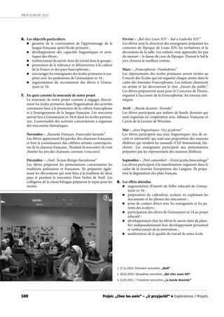 100
PROF-EUROPE 2013
1. 17.12.2011r. Première rencontre: „Noël”
2. 18.02.2012r. Deuxième rencontre: „Bal chez Louis XIV”
3. 12.05.2012 r. Troisième rencontre: „La bande dessinée”
Février – „Bal chez Louis XIV – Bal u Ludwika XIV”
Les élèves sous la direction des enseignants préparent les
costumes de l’époque de Louis XIV, les invitations et la
décoration de la salle. Les enfants vont apprendre les pas
du menuet – la danse de cour de l’époque. Durant le bal le
jury choisira le meilleur costme.
Mars – „Francophonie- Frankofonia”
Les répresentants des écoles primaires seront invités au
Concert des Écoles qui est organisé chaque année dans le
cadre des Journées Francophones. Les enfants choisiront
un artiste et lui décerneront le titre „Favori du public”.
Les élèves prépareront aussi pour le Concours de Dessin,
organisé à l’occasion de la Francophonie, les travaux arti-
stiques.
Avril – „Bande dessinée –Komiks”
Les élèves participent aux ateliers de bande dessinée qui
sont organisés en coopération avec Alliance Française et
Cercle de la Lecture de Wrocław.
Mai – „Jeux linguistiques- Gry językowe”
Les élèves participent aux jeux linguistiques /jeu de so-
ciété et interactifs/ qui sont une proposition des maisons
d’édition qui vendent les manuels /CLE Intenational, Ha-
chette/. Les enseignants participent aux présentations
préparées par les répresentants des maisons d’édition.
Septembre – „Petit camembert – Dzień języka francuskiego”
Les élèves participent à la manifestation organisée dans le
cadre de la Journée Européenne des Langues. Ils prépa-
rent la dégustation des plats français.
8. Les effets attendus
n augmentation d’interêt de l’offre éducatif de Gimna-
zjum nr 34 ;
n préparation du callendrier scolaire en exploitant les
documents et les photos des rencontres ;
n prise de contact direct avec les enseignants et les pa-
rents des écoliers ;
n participation des élèves de Gimnazjum nr 34 au projet
éducatif ;
n développement chez les élèves le savoir-faire de plani-
fier indépondamment leur développement personnel
et renforcement de la motivation ;
n amélioration de la qualité du travail de notre école.
6. Les objectifs particuliers
n garantie de la continuation de l’apprentissage de la
langue française après l’école primaire ;
n développement des capacités linguistiques et artis-
tiques des élèves ;
n renforcement du savoir-faire du travail dans le groupe ;
n promotion de la tolérance et del’ouverture à la culture
de la France et des pays francophones ;
n encourager les enseignants des écoles primaires à coo-
pérer avec les professeurs de Gimnazjum nr 34 ;
n augmentation du recrutement des élèves à Gimna-
zjum nr 34.
7. En quoi consiste la nouvauté de notre projet
La nouvauté de notre projet consiste à engager directe-
ment les écoles primaires dans l’organisation des activités
communes liées à la promotion de la culture francophone
et à l’enseignement de la langue française. Les rencontre
auront lieu à Gimnazjum nr 34 et dans les écoles partena-
ires. L’universalité des activités concerneront à organiser
des rencontres thématiques.
Novembre – „Karaoké Français- Francuskie karaoke”
Les élèves apprennent les paroles des chansons françaises
et font la connaisaance des célèbres artistes contempora-
ins de la chanson française.. Pendant la rencontre ils vont
chanter les airs des chansons connues /concours/.
Décembre – „Noël- Święta Bożego Narodzenia”
Les élèves préperent les présentations concernantes les
traditions polonaises et françaises. Ils préparent égale-
mant les décorations qui sont liées à la tradition de deux
pays et pendant la rencontre Dore l’arbre de Noël. Les
collègiens de la classe bilingue préparent le repas pour les
invités.
3
Projet: „Chez les amis” – „U przyjaciół” n Expériences / Projets
 