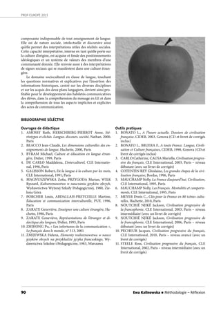 90
PROF-EUROPE 2013
composante indispensable de tout enseignement de langue.
Elle est de nature sociale, intelectuelle et discursive ainsi
qu’elle permet des interprétations utiles des réalités sociales.
Cette capacité interprétative, interne en tant qu’elle porte sur
la culture d’origine, est acquise et fonde des positionnements
idéologiques et un système de valeurs des membres d’une
communauté donnée. Elle renvoie aussi à des interprétations
de signes sociaux qui se manifestent dans une culture étran-
gère.
Le domaine socioculturel en classe de langue, touchant
les questions normatives et explicatives par l’insertion des
informations historiques, centré sur les diverses disciplines
et sur les acquis des deux plans langagiers, devient ainsi pro-
fitable pour le développement des habiletés communicatives
des élèves, dans la compréhension du message en LE et dans
la compréhension de tous les aspects implicites et explicites
des actes de communication.
BIBLIOGRAPHIE SÉLÉCTIVE
Ouvrages de didactique
1. AMOSSY Ruth, HERSCHBERG-PIERROT Anne, Sté-
réotypes et clichés. Langue, discours, société, Nathan, 2000,
Paris
2. BEACCO Jean-Claude, Les dimensions culturelles des en-
seignements de langue, Hachette, 2000, Paris
3. BYRAM Michael, Culture et éducation en langue étran-
gère, Didier, 1999, Paris
4. DE CARLO Maddalena, L’interculturel, CLE Internatio-
nal, 1998, Paris
5. GALISSON Robert, De la langue à la culture par les mots,
CLE International, 1991, Paris
6. MAGNUSZEWSKA Zofia, PRZYGODA Marian, WILK
Ryszard, Kulturoznawstwo w nauczaniu języków obcych,
Wydawnictwa Wyższej Szkoły Pedagogicznej, 1980, Zie-
lona Góra
7. PORCHER Louis, ABDALLAH-PRETCEILLE Martine,
Éducation et communication interculturelle, PUF, 1996,
Paris
8. ZARATE Geneviève, Enseigner une culture étrangère, Ha-
chette, 1986, Paris
9. ZARATE Geneviève, Représentations de l’étranger et di-
dactique des langues, Didier, 1993, Paris
10. ZHIHONG Pu, « Les infortunes de la communication »,
Le français dans le monde, n° 313, 2001
11. ŻMIJEWSKA Helena, Elementy realioznawstwa w nauce
języków obcych na przykładzie języka francuskiego, Wy-
dawnictwa Szkolne i Pedagogiczne, 1983, Warszawa
Outils pratiques
1. BONATO L., A l’heure actuelle. Dossiers de civilisation
française, CIDEB, 2003, Genova (CD et livret de corrigés
inclus)
2. BONATO L., BRUERA F., A toute France. Langue, Civili-
sation et Culture françaises, CIDEB, 1998, Genova (CD et
livret de corrigés inclus)
3. CARLO Catherine, CAUSA Mariella, Civilisation progres-
sive du français, CLE International, 2003, Paris – niveau
débutant (avec un livret de corrigés)
4. COTENTIN REY Ghislaine, Les grandes étapes de la civi-
lisation française, Bordas, 1996, Paris
5. MAUCHAMP Nelly, La France d’aujourd’hui. Civilisation,
CLE International, 1995, Paris
6. MAUCHAMP Nelly, Les Français. Mentalités et comporte-
ments, CLE International, 1995, Paris
7. MEYER Denis C., Clés pour la France en 80 icônes cultu-
relles, Hachette, 2010, Paris
8. NOUTCHIÉ NJIKÉ Jackson, Civilisation progressive de
la francophonie, CLE International, 2003, Paris – niveau
intermédiaire (avec un livret de corrigés)
9. NOUTCHIÉ NJIKÉ Jackson, Civilisation progressive de
la francophonie, CLE International, 2006, Paris – niveau
débutant (avec un livret de corrigés)
10. PÉCHEUR Jacques, Civilisation progressive du français,
CLE International, 2010, Paris – niveau avancé (avec un
livret de corrigés)
11. STEELE Ross, Civilisation progressive du français, CLE
International, 2002, Paris – niveau intermédiaire (avec un
livret de corrigés)
Ewa Kalinowska n Méthodologie – Réﬂexion
 