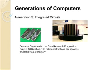 Generation 3: Integrated Circuits
Seymour Cray created the Cray Research Corporation
Cray-1: $8.8 million, 160 million instructions per seconds
and 8 Mbytes of memory
Generations of Computers
 