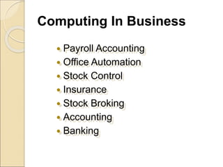 Computing In Business
 Payroll Accounting
 Office Automation
 Stock Control
 Insurance
 Stock Broking
 Accounting
 Banking
 