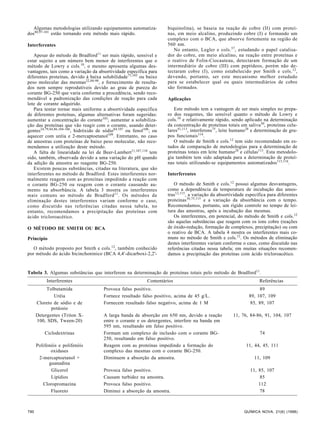 Algumas metodologias utilizando equipamentos automatiza-dos80,97- 
101 estão tornando este método mais rápido. 
Interferentes 
Apesar do método de Bradford11 ser mais rápido, sensível e 
estar sujeito a um número bem menor de interferentes que o 
método de Lowry e cols.10, o mesmo apresenta algumas des-vantagens, 
tais como a variação da absortividade específica para 
diferentes proteínas, devido à baixa solubilidade75,102 ou baixo 
peso molecular das mesmas22,88-90, e fornecimento de resulta-dos 
nem sempre reprodutíveis devido ao grau de pureza do 
corante BG-250 que varia conforme a procedência, sendo reco-mendável 
a padronização das condições de reação para cada 
lote de corante adquirido. 
Para tentar tornar mais uniforme a absortividade específica 
de diferentes proteínas, algumas alternativas foram sugeridas: 
aumentar a concentração do corante103; aumentar a solubiliza-ção 
das proteínas que vão reagir com o corante, usando deter-gentes24,79,84,86,104- 
106, hidróxido de sódio84,107 ou fenol108; ou 
aquecer com uréia e 2-mercaptoetanol109. Entretanto, no caso 
de amostras com proteínas de baixo peso molecular, não reco-mendamos 
a utilização deste método. 
A falta de linearidade na lei de Beer-Lambert11,107,110 tem 
sido, também, observada devido a uma variação do pH quando 
da adição da amostra ao reagente BG-250. 
Existem poucas substâncias, citadas na literatura, que são 
interferentes no método de Bradford. Estes interferentes nor-malmente 
reagem com as proteínas impedindo a reação com 
o corante BG-250 ou reagem com o corante causando au-mento 
na absorbância. A tabela 3 mostra os interferentes 
mais comuns ao método de Bradford11. Os métodos de 
eliminação destes interferentes variam conforme o caso, 
como discutido nas referências citadas nessa tabela, no 
entanto, recomendamos a precipitação das proteínas com 
ácido tricloroacético. 
O MÉTODO DE SMITH OU BCA 
Princípio 
O método proposto por Smith e cols.12, também conhecido 
por método do ácido bicinchoninico (BCA 4,4'-dicarboxi-2,2'- 
biquinolina), se baseia na reação de cobre (II) com proteí-nas, 
em meio alcalino, produzindo cobre (I) e formando um 
complexo com o BCA, que absorve fortemente na região de 
560 nm. 
No entanto, Legler e cols.37, estudando o papel catalisa-dor 
do cobre, em meio alcalino, na reação entre proteínas e 
o reativo de Folin-Ciocauteau, detectaram formação de um 
intermediário de cobre (III) com peptídeos, porém não de-tectaram 
cobre (I), como estabelecido por Smith e cols.12, 
devendo, portanto, ser este mecanismo melhor estudado 
para se estabelecer qual ou quais intermediários de cobre 
são formados. 
Aplicações 
Este método tem a vantagem de ser mais simples no prepa-ro 
dos reagentes, tão sensível quanto o método de Lowry e 
cols.10 e relativamente rápido, sendo aplicado na determinação 
da concentração de proteínas totais em saliva30, proteínas celu-lares41,113, 
interferons75, leite humano28 e determinação de gru-pos 
funcionais114. 
O método de Smith e cols.12 tem sido recomendado em es-tudos 
de comparação de metodologias para a determinação de 
proteínas totais em leite humano28 e células113. Esta metodolo-gia 
também tem sido adaptada para a determinação de proteí-nas 
totais utilizando-se equipamentos automatizados115,116. 
Interferentes 
O método de Smith e cols.12 possui algumas desvantagens, 
como a dependência da temperatura de incubação das amos-tras12,115, 
a variação da absortividade específica para diferentes 
proteínas30,75,115 e a variação da absorbância com o tempo. 
Recomendamos, portanto, um rígido controle no tempo de lei-tura 
das amostras, após a incubação das mesmas. 
Os interferentes, em potencial, do método de Smith e cols.12 
são aquelas substâncias que reagem com os íons cobre (reações 
de óxido-redução, formação de complexos, precipitação) ou com 
o reativo de BCA. A tabela 4 mostra os interferentes mais co-muns 
no método de Smith e cols.12. Os métodos de eliminação 
destes interferentes variam conforme o caso, como discutido nas 
referências citadas nessa tabela; em muitas situações recomen-damos 
a precipitação das proteínas com ácido tricloroacético. 
Tabela 3. Algumas substâncias que interferem na determinação de proteínas totais pelo método de Bradford11. 
Interferentes Comentários Referências 
Tolbutamida Provoca falso positivo. 89 
Uréia Fornece resultado falso positivo, acima de 45 g/L. 89, 107, 109 
Cloreto de sódio e de Fornecem resultado falso negativo, acima de 1 M 85, 89, 107 
potássio 
Detergentes (Triton X- A larga banda de absorção em 650 nm, devido a reação 11, 76, 84-86, 91, 104, 107 
100, SDS, Tween-20) entre o corante e os detergentes, interfere na banda em 
595 nm, resultando em falso positivo. 
Ciclodextrinas Formam um complexo de inclusão com o corante BG- 74 
250, resultando em falso positivo. 
Polifenóis e polifenóis Reagem com as proteínas impedindo a formação do 11, 44, 45, 111 
oxidases complexo das mesmas com o corante BG-250. 
2-mercaptoetanol + Diminuem a absorção da amostra. 11, 109 
guanadina 
Glicerol Provoca falso positivo. 11, 85, 107 
Lipídios Causam turbidez na amostra. 85 
Cloropromazina Provoca falso positivo. 112 
Fluoreto Diminui a absorção da amostra. 78 
790 QUÍMICA NOVA, 21(6) (1998) 
 