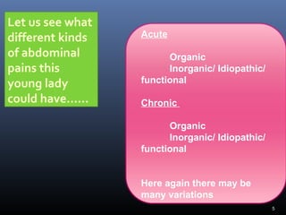 5
Let us see what
different kinds
of abdominal
pains this
young lady
could have……
Acute
Organic
Inorganic/ Idiopathic/
functional
Chronic
Organic
Inorganic/ Idiopathic/
functional
Here again there may be
many variations
 