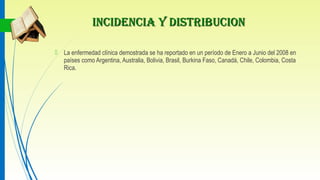 INCIDENCIA Y DISTRIBUCIONINCIDENCIA Y DISTRIBUCION
 La enfermedad clínica demostrada se ha reportado en un período de Enero a Junio del 2008 en
países como Argentina, Australia, Bolivia, Brasil, Burkina Faso, Canadá, Chile, Colombia, Costa
Rica.
 