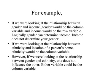 For example,
• If we were looking at the relationship between
  gender and income, gender would be the column
  variable and income would be the row variable.
  Logically gender can determine income. Income
  does not determine your gender.
• If we were looking at the relationship between
  ethnicity and location of a person’s home,
  ethnicity would be the column variable.
• However, if we were looking at the relationship
  between gender and ethnicity, one does not
  influence the other. Either variable could be the
  column variable.
 