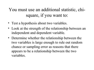 You must use an additional statistic, chi-
       square, if you want to:
• Test a hypothesis about two variables.
• Look at the strength of the relationship between an
  independent and dependent variable.
• Determine whether the relationship between the
  two variables is large enough to rule out random
  chance or sampling error as reasons that there
  appears to be a relationship between the two
  variables.
 