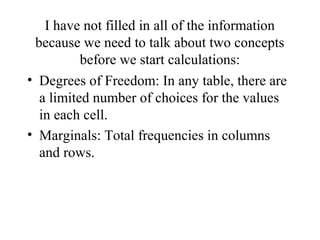 I have not filled in all of the information
 because we need to talk about two concepts
          before we start calculations:
• Degrees of Freedom: In any table, there are
  a limited number of choices for the values
  in each cell.
• Marginals: Total frequencies in columns
  and rows.
 