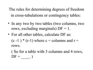 The rules for determining degrees of freedom
 in cross-tabulations or contingency tables:
• In any two by two tables (two columns, two
  rows, excluding marginals) DF = 1.
• For all other tables, calculate DF as:
  (c -1 ) * (r-1) where c = columns and r =
  rows.
  ( So for a table with 3 columns and 4 rows,
  DF = ____. )
 