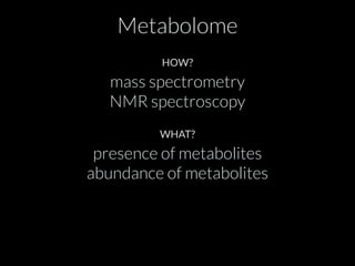Metabolome 
HOW? 
mass spectrometry 
NMR spectroscopy 
WHAT? 
presence of metabolites 
abundance of metabolites 
 