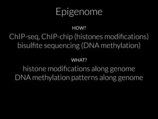 Epigenome 
HOW? 
ChIP-seq, ChIP-chip (histones modifications) 
bisulfite sequencing (DNA methylation) 
WHAT? 
histone modifications along genome 
DNA methylation patterns along genome 
 