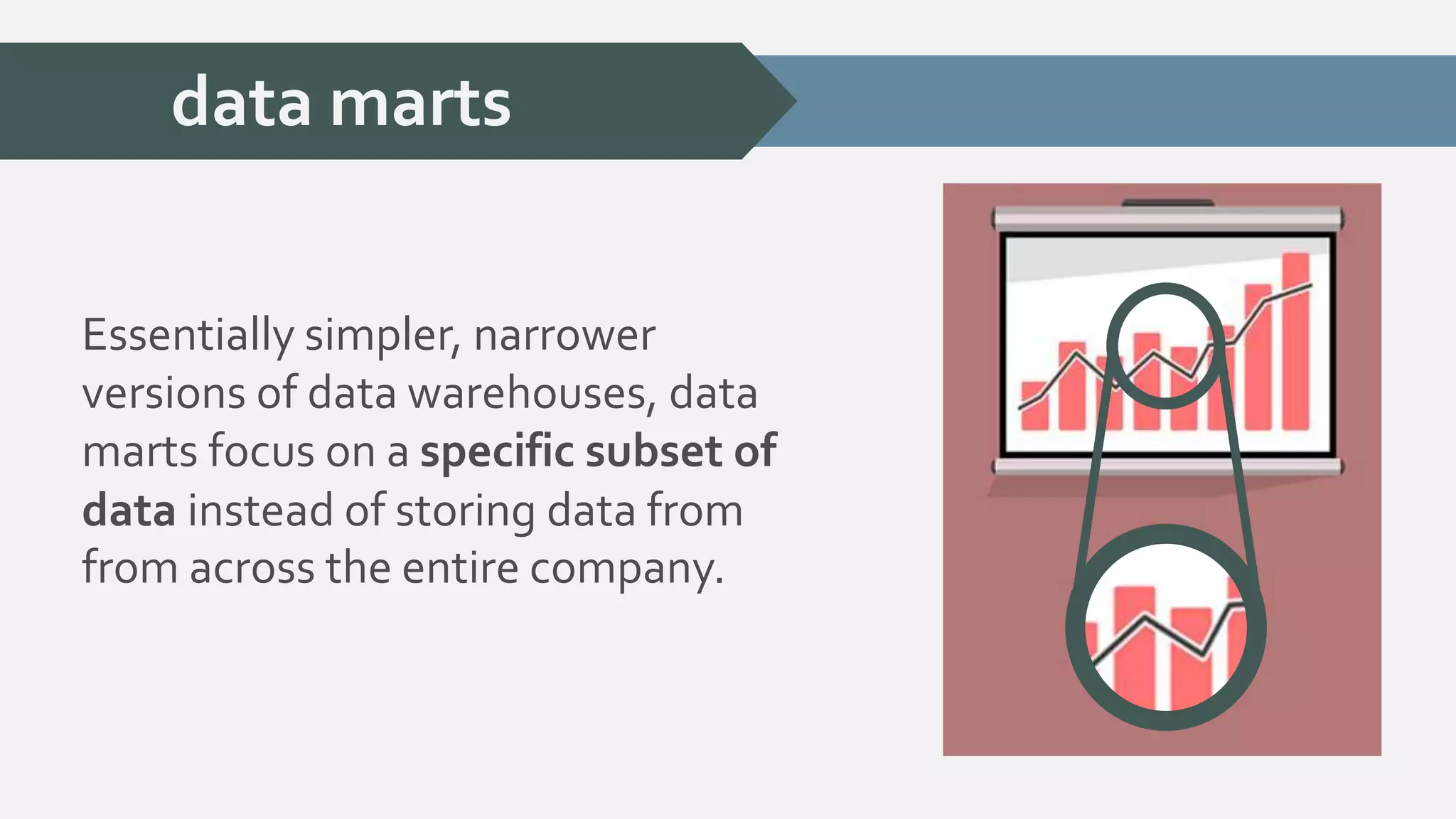 data marts 
Essentially simpler, narrower 
versions of data warehouses, data 
marts focus on a specific subset of 
data instead of storing data from 
from across the entire company. 
 