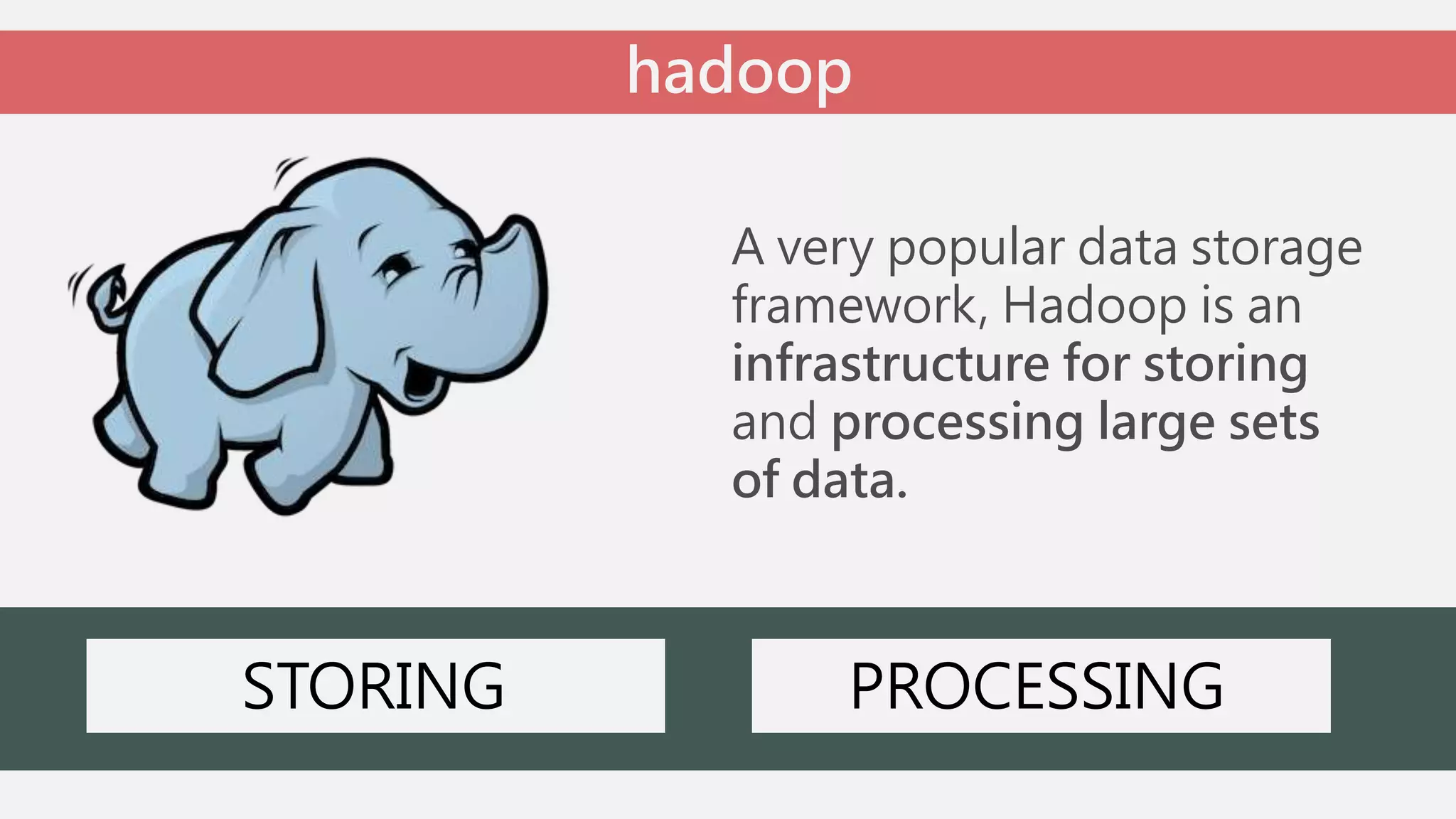 hadoop 
A very popular data storage 
framework, Hadoop is an 
infrastructure for storing 
and processing large sets 
of data. 
STORING PROCESSING 
 