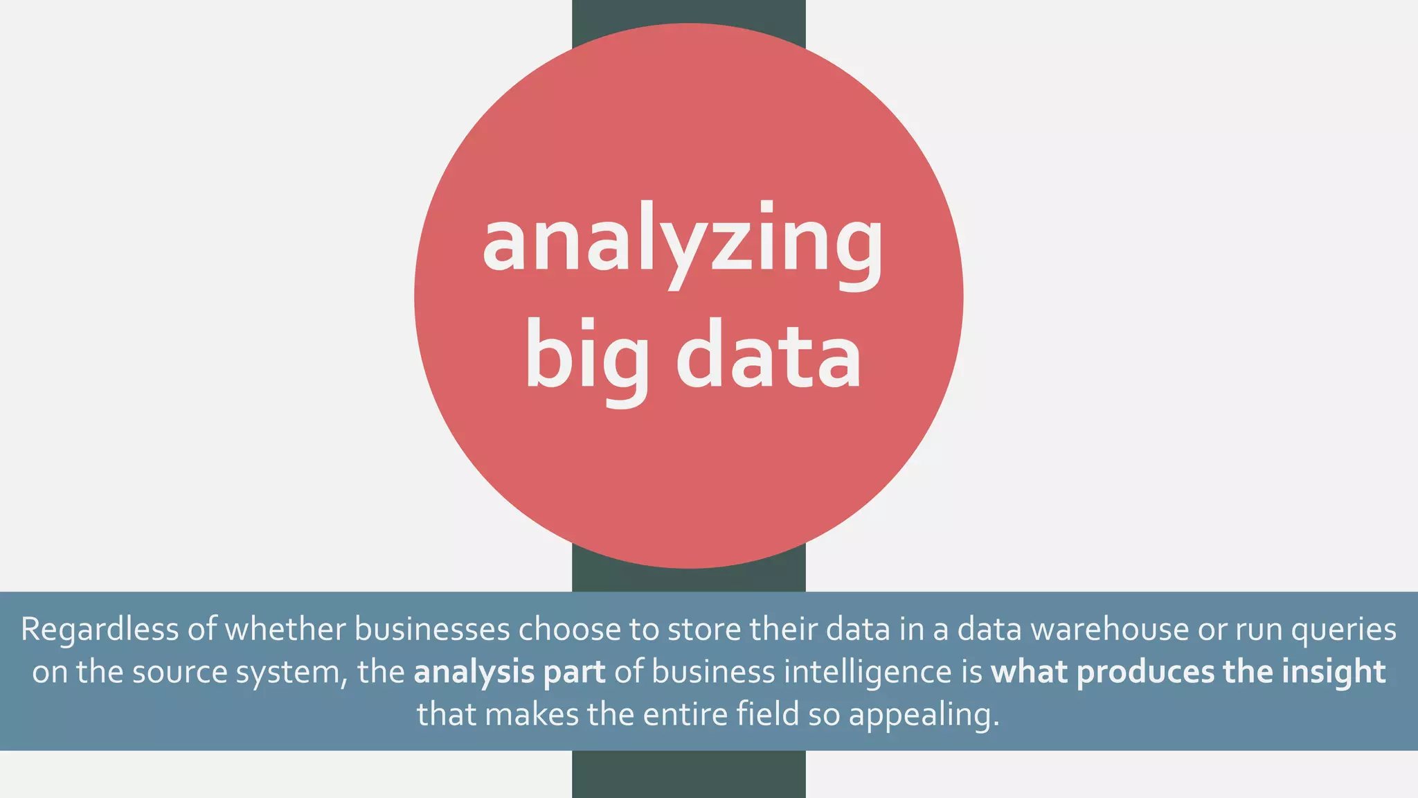 analyzing 
big data 
Regardless of whether businesses choose to store their data in a data warehouse or run queries 
on the source system, the analysis part of business intelligence is what produces the insight 
that makes the entire field so appealing. 
 
