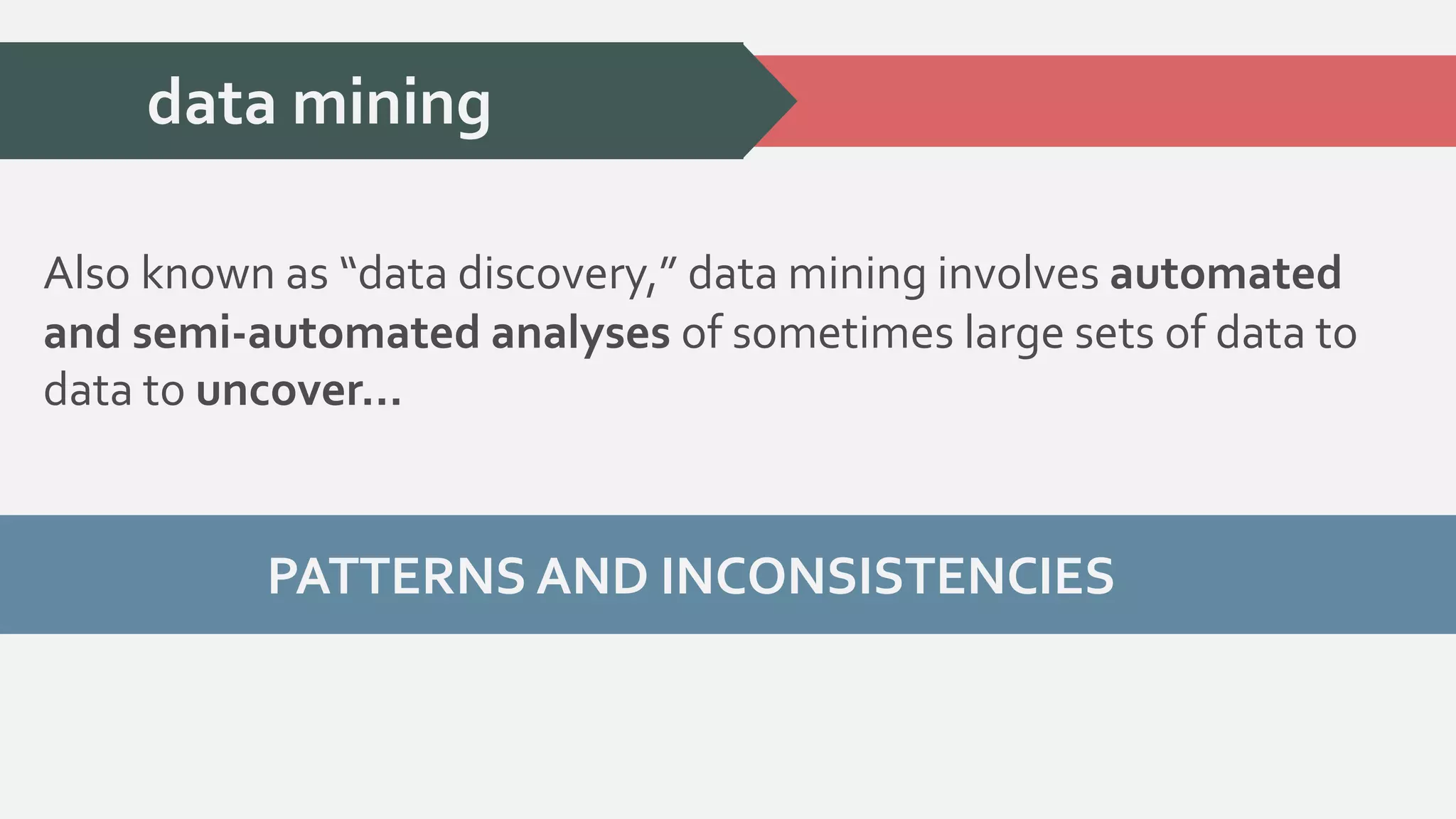 data mining 
Also known as “data discovery,” data mining involves automated 
and semi-automated analyses of sometimes large sets of data to 
data to uncover… 
PATTERNS AND INCONSISTENCIES 
 